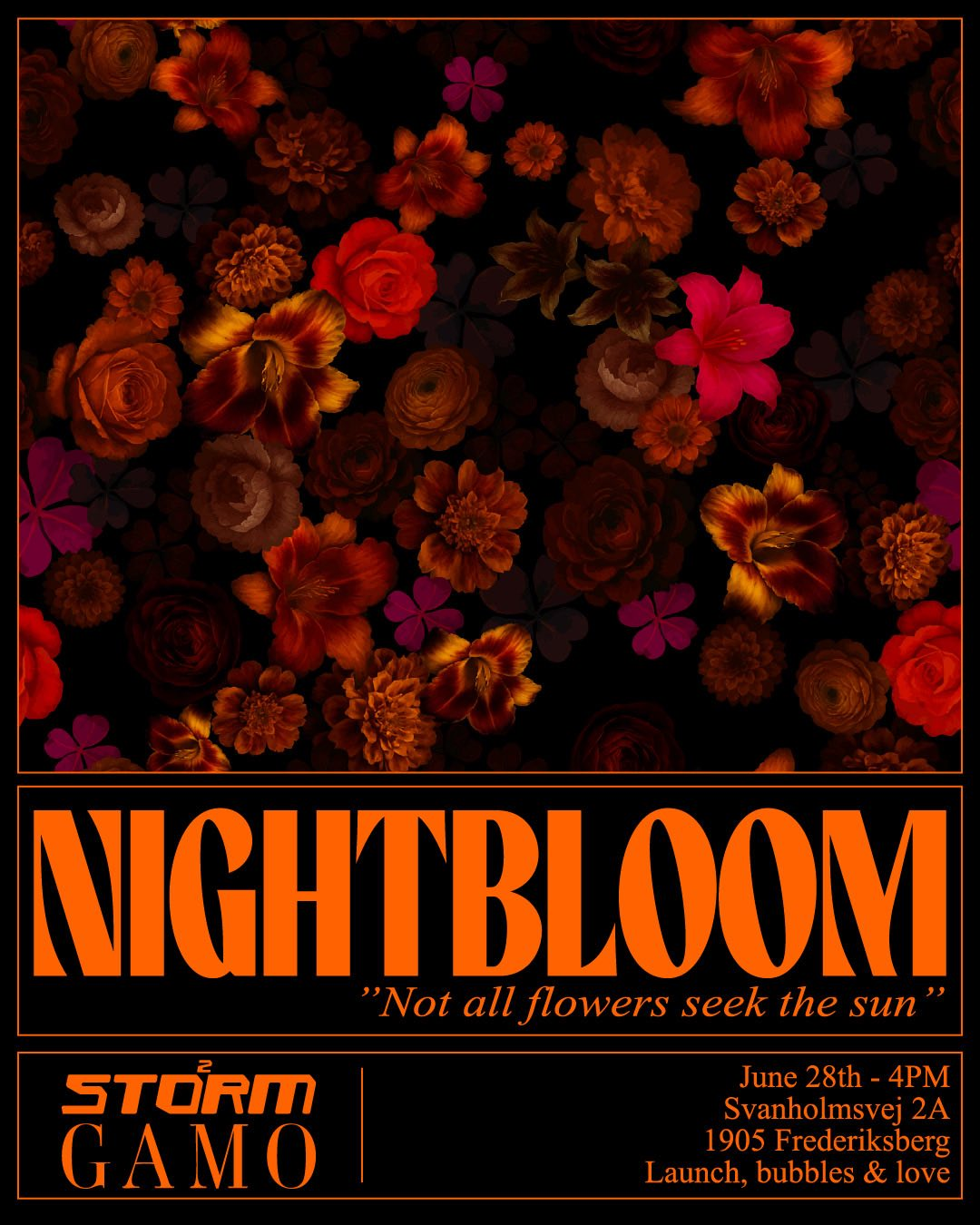 Night Bloom event invitation featuring beautiful floral arrangement with roses, dahlias, and autumn flowers on dark background